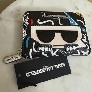 NWT Women’s KARL LAGERFELD Maybelle Black Graffiti small zip around wallet